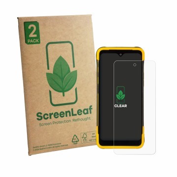 Face avant d’un emballage produit avec le logo de la marque ScreenLeaf. À côté, l’appareil Trimble TDC6 est représenté avec la