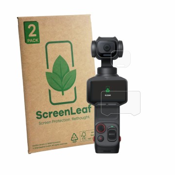 Front side of a product packaging with the brand logo ScreenLeaf. Next to it is the device Insta360 Luna Pro (Display + Lens) 