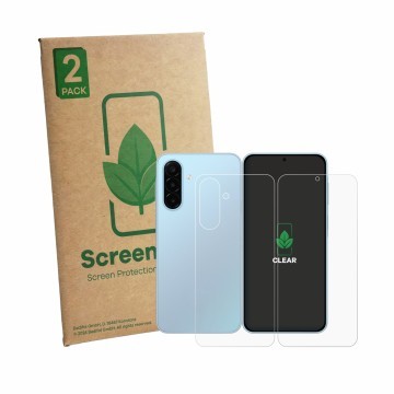 Front side of a product packaging with the brand logo ScreenLeaf. Next to it is the device Samsung Galaxy A18 4G (Front+Back) 