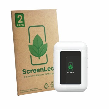 Vorderseite einer Produktverpackung mit dem Markenlogo ScreenLeaf. Daneben ist das Gerät Anfier A8 mit dem zugehörigen Display