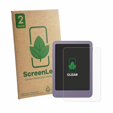 Face avant d’un emballage produit avec le logo de la marque ScreenLeaf. À côté, l’appareil Amazon Kindle 2026 est représenté a