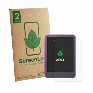 Face avant d’un emballage produit avec le logo de la marque ScreenLeaf. À côté, l’appareil Amazon Kindle Kids 2026 est représe