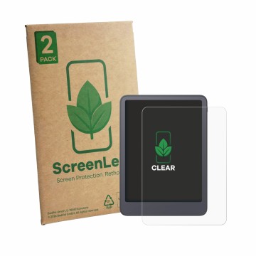 Face avant d’un emballage produit avec le logo de la marque ScreenLeaf. À côté, l’appareil Amazon Kindle Paperwhite 2026 est r