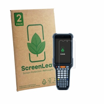 Front side of a product packaging with the brand logo ScreenLeaf. Next to it is the device Datalogic Falcon X60 shown with the