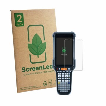 Front side of a product packaging with the brand logo ScreenLeaf. Next to it is the device Datalogic Falcon X65 shown with the