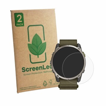Parte frontale di una confezione del prodotto con il logo del marchio ScreenLeaf. Accanto è raffigurato il dispositivo Garmin 